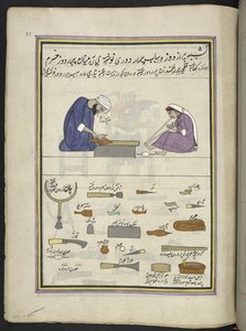 Cordonnier et sa femme fabriquant une pantoufle, 86 dessins reliés en un volume représentant des métiers et occupations au Cachemire, les artisans sont montrés au travail avec leurs outils et équipements, par un artiste du Cachemire, probablement à Srinaga - Indian School