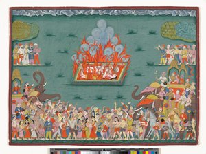 Le Sati de Ramabai, épouse de Madhavrao Peshwa, vers 1772-75 - Indian School