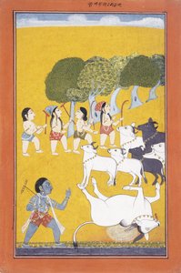 Le jeune Krishna tue le démon Vatsasura, venu sous la forme d