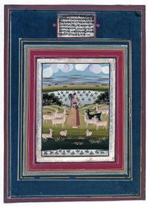 Todi ragini - Une dame jouant de la vina dans un paysage avec des animaux - Indian School