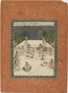 Deux femmes assises sur une terrasse, entourées de serviteurs et de musiciens, vers 1650 - Indian School