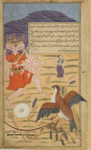 Vol.1 fol.132 Le vautour Jatayus entend la supplique de Sita et combat Ravana - Indian School