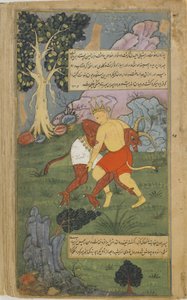 Hanuman vainc Nikumbha en lui arrachant la tête - Indian School