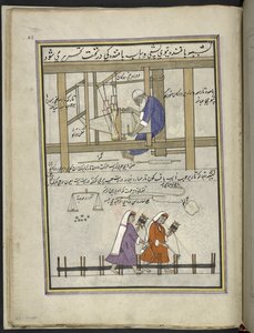 Tisserand à un métier fabriquant du tissu grossier (patu); femmes en train de tendre la chaîne, 86 dessins reliés en un volume représentant des métiers et occupations au Cachemire, Artiste du Cachemire, probablement à Srinagar - Indian School