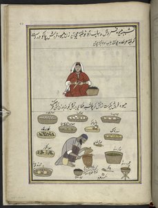 Femme vendeuse de fruits; homme grillant du maïs, 86 dessins reliés en un volume représentant des métiers et des occupations au Cachemire, les artisans sont montrés au travail avec leurs outils et équipements, par un artiste du Cachemire, probablement à Sr - Indian School