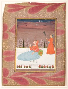Femme assise sur une terrasse avec une servante avec un chauri - Indian School