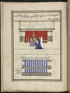 Femmes installant des fils pour une chaîne, 86 dessins reliés en un volume représentant des métiers et occupations au Cachemire, les artisans sont montrés au travail avec leurs outils et équipements, par un artiste du Cachemire, probablement à Srinagar, ve - Indian School