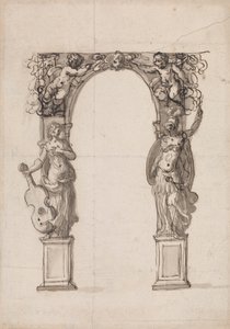 Conception pour une arche temporaire ornée de putti et de figures allégoriques de la musique et de la guerre - Inigo Jones