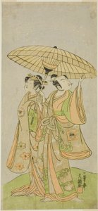 Les acteurs Ichikawa Komazo II en tant que Chunagon Yukihira (à droite), et Iwai Hanshiro IV en tant que Murasame (à gauche), dans la pièce Kuni no Hana Ono no Itsumoji, jouée au Théâtre Nakamura en novembre 1771 - Ippitsusai Bunchō