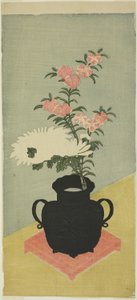 Chrysanthèmes blancs et œillets dans un vase noir - Ippitsusai Bunchō
