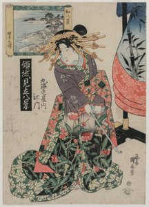 La courtisane Emon de Maruebiya avec une vue de la baie de Tago, vers fin des années 1820 ou début des années 1830 - Ipposai Kuniyasu