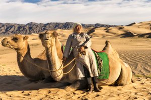 Une femme se reposant avec des chameaux dans le désert de Gobi Sud, Mongolie, 2015 - Ira Block