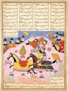 Malik soulève Abul Mihjan de la selle. Du Khavarannama Le Livre de l