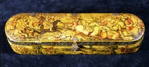 Boîte à stylo en papier mâché, le dessus peint avec la bataille de Chaldiran