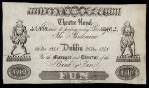 Publicité pour une pantomime au Theatre Royal, Dublin, basée sur un billet de banque de la Banque d