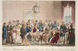 Bernard Blackmantle lisant sa pièce dans la salle verte du Covent Garden Theatre, de The English Spy, pub. 1824 - Isaac Robert Cruikshank