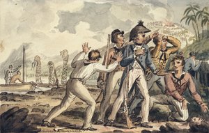 Le capitaine Burney découvrant ses compagnons de bord assassinés, illustration de "Les Voyages du capitaine Cook" - Isaac Robert Cruikshank