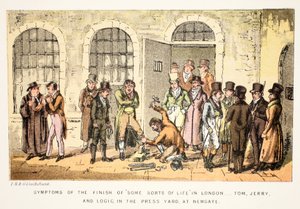 Symptômes de la fin de "Certaines sortes de vie" à Londres - Tom, Jerry et Logic, dans la cour de presse, à Newgate, de la vie de Tom et Jerry à Londres - Isaac Robert and George Cruikshank