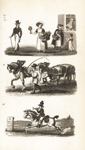 Bouquets, fille de cresson, chariot de brasseur et garçon de la poste à deux sous