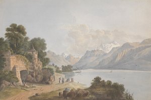 Paysage montagneux avec lac, porte et figures