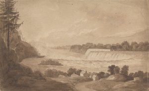 Vue des chutes du Niagara avec les chutes en arrière-plan, à droite, et paysage avec maisons au premier plan - Isaac Weld