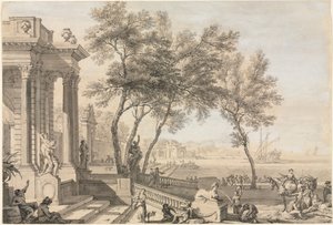 Scène fantastique de port avec architecture et personnages - Isaac de Moucheron