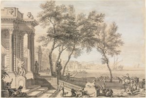 Scène de port fantastique avec architecture et figures, 1713 - Isaac de Moucheron