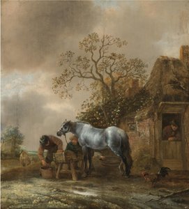 Paysage avec des paysans nourrissant un cheval devant un chalet - Isaac van Ostade