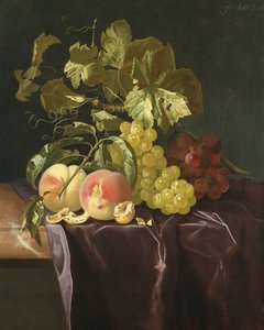 Nature morte de fruits, noix et feuilles sur un tissu de velours - Isaak Denies
