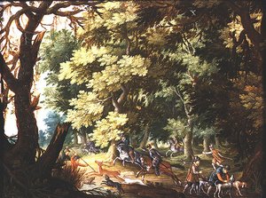 Paysage Boisé avec Chasseurs et Chiens