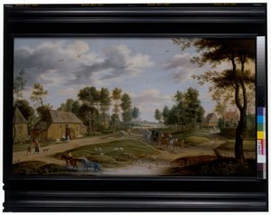 Paysage de village avec une calèche