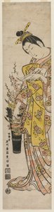 Courtisane lisant un poème attaché à des fleurs dans un vase