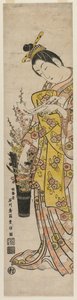 Courtisane lisant un poème attaché à des fleurs dans un vase, milieu des années 1740