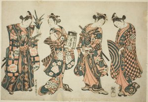 Les acteurs Sanogawa Ichimatsu (à droite), Nakamura Kiyosaburo (centre droit), Sanogawa Senzo (centre gauche) et Nakamura Kumetaro (à gauche)