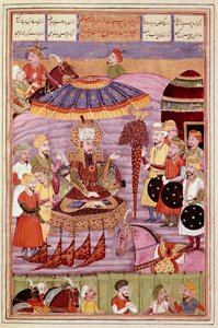 Art islamique : Sohrab regarde la tente de Rostam. Miniature persane d