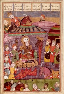 Art islamique : Sohrab regarde la tente rouge de Rostame, son père Miniature persane d