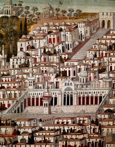 Art islamique : Vue de Damas avec la Grande Mosquée des Omeyyades de Damas (705-715)