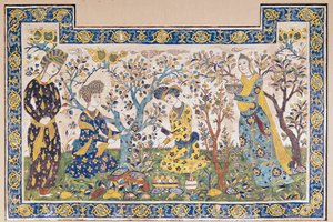 Panneau mural de figures se relaxant dans un jardin, du Tchehel Sutun ou Pavillon des Quarante Colonnes construit par Shah Abbas II (1642-66), Perse, d