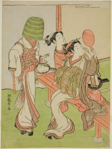 Une courtisane et son assistante utilisant des miroirs pour identifier un moine mendiant - Isoda Koryusai