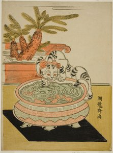 Chat Grattant un Poisson Rouge - Isoda Koryusai