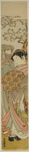 Courtisane marchant avec un homme voilé sous un cerisier - Isoda Koryusai