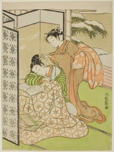 Fille Jouant un Tour à un Jeune Homme qui Dort - Isoda Koryusai