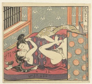 Couple amoureux derrière un paravent (Douze vues du raffiné Edo) - Isoda Koryusai