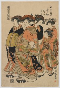Modèles de mode : nouveaux designs comme de jeunes feuilles fraîches : la courtisane Tagasode de Daimonjiya avec Katsuru, Tomeki et leurs servantes, période Edo, 1778-80 (impression sur bois en couleur) - Isoda Koryusai