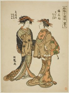Le dixième mois (Kannazuki) : Wakamatsu et Wakatsuru du Tawaraya, de la série "Douze motifs dans le quartier nord (Hokkaku juni moyo)" - Isoda Koryusai