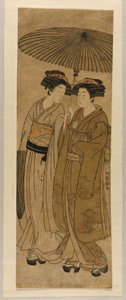 Deux jeunes femmes marchant sous un parapluie - Isoda Koryusai