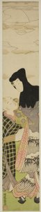 Femme portant une capuche noire parlant à un jeune garçon - Isoda Koryusai