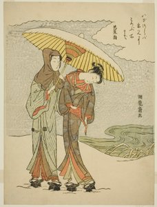 Jeune couple sous un parapluie dans la neige - Isoda Koryusai
