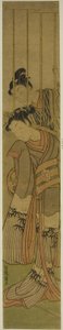 Jeune homme admirant une fille à travers une fenêtre grillagée - Isoda Koryusai