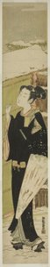 Jeune homme avec parapluie frappant à la porte sous la neige - Isoda Koryusai